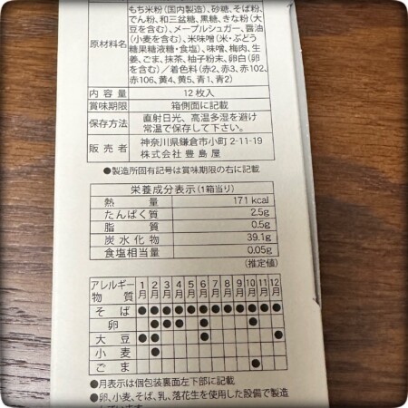 鳩ごよみ　成分表​とアレルギー